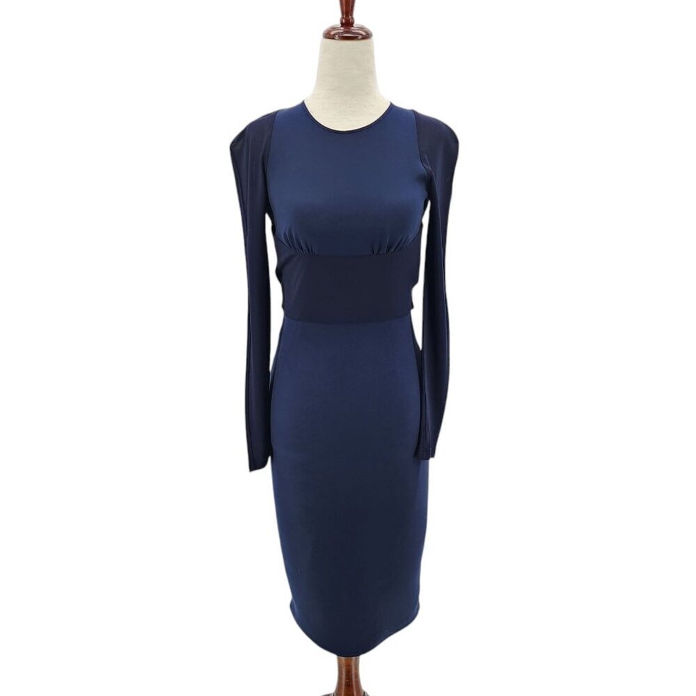 Burberry London Silk Navy Blue Long Sleeve Sheath Pencil Dress Womens 2